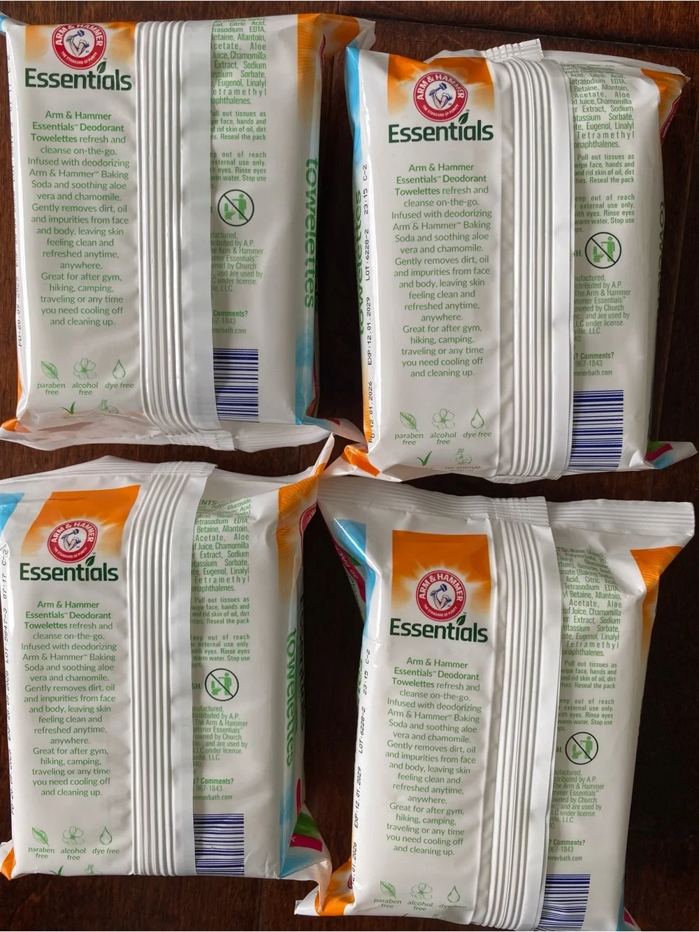 Arm & Hammer Essentials Deodorant wipes, lot of 4–30 ct. each.